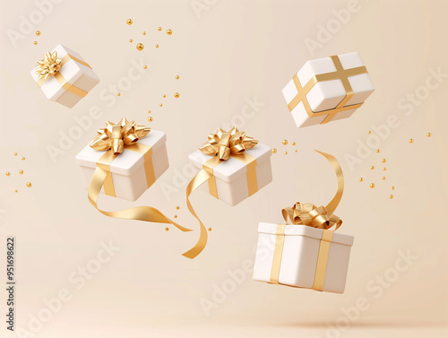 3D rendering of flying white gift boxes with golden ribbon and bow, isolated on a light background