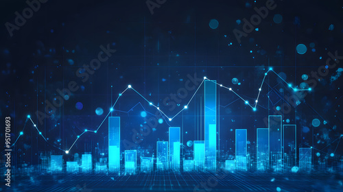 A blurred background with a blue finance graph and investment bar, showcasing growth and success in the market with technology currency reports chart. Business stock world economy AI computer