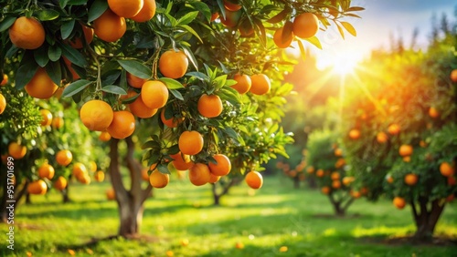 Orange tree with ripe fruits hanging from branches in a sunny orchard, orange, tree, fruit, ripe, harvest, agriculture, citrus