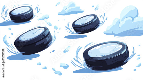 Cartoon-style ice hockey pucks set with motion trails and clouds, isolated on a white background, perfect for sports design.