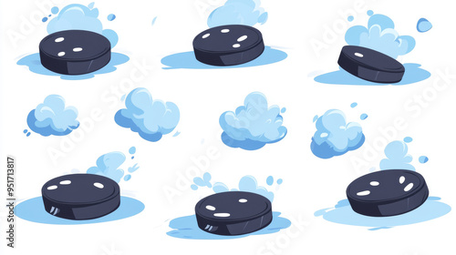 Cartoon-style ice hockey pucks set with motion trails and clouds, isolated on a white background, perfect for sports design.