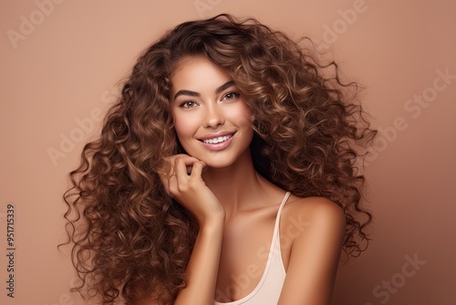 Beautiful smiling woman with long wavy hair.