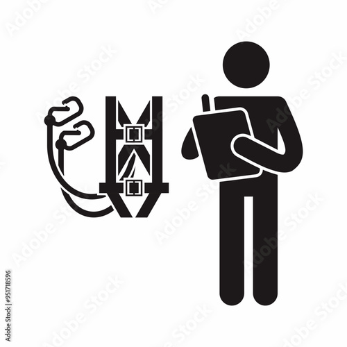 Stick figure of a man conduct safety inspection for body harness as a personal protective equipment of gear for working at height.