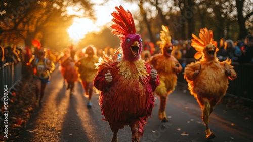 Runners in vibrant turkey costumes compete in a festive Thanksgiving morning race as the sun rises over the park, creating a joyful atmosphere.