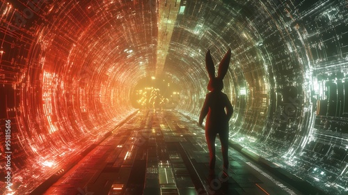 Quantum Rabbit Explorer Hopping Through Surreal Glowing Landscape of Light and Energy