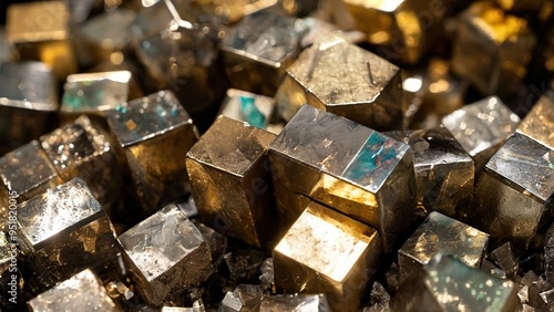 Close-up of a cluster of pyrite crystals, also known as fool's gold, with a metallic golden color and cubic shape.