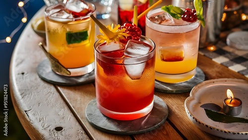 Close-up view of glasses with alcohol cocktails on wooden table