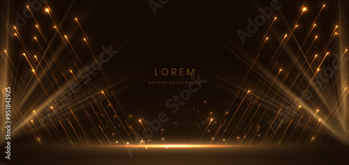 Abstract glowing gold diagonal lighting lines on dark background with lighting effect and sparkle with copy space for text. Luxury design style.