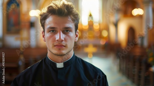 A young man in a black robe stands in a church