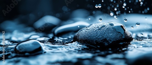  A tight shot of a rock submerged in a flowing stream, dotted with water droplets clinging to its surface and landing on the adjacent stones and ground