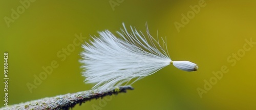 A single, delicate seed, most likely from a dandelion, suspended in mid-air against a vibrant green background. The seed is remarkably detailed, showcasing its intricate structure.