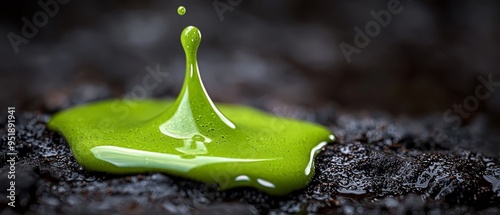  A green drop atop black, adjacent to a puddle's water expanse