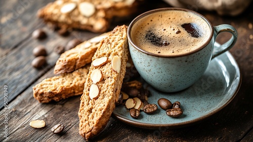 Italian almond biscotti served with a cup of espresso, on a rustic wooden table with a soft focus cafe backdrop