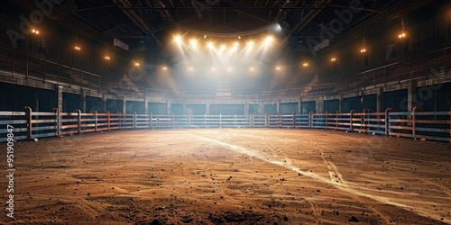 Illuminated rodeo arena with empty bleachers showcasing the anticipation of an upcoming performance