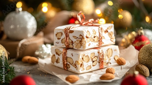 Italian torrone nougat with almonds and honey, wrapped in parchment paper with a traditional festive backdrop