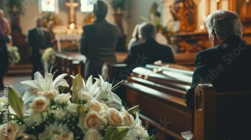 A funeral is taking place in a church with a man sitting in a pew