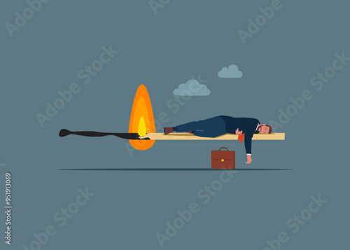 Risk of delaying work. Businessman sleeping on a burning matchstick. Modern vector illustration in flat style