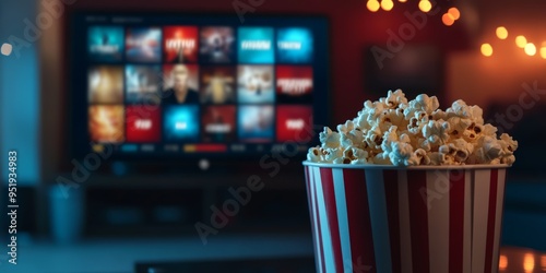 Red and white striped popcorn bucket in focus with a TV streaming menu blurred in the background, evoking movie night vibes