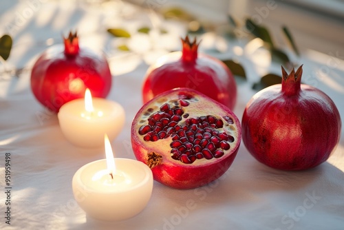 Pomegranates lying next to lit candles on a white tablecloth, sunlight. Concept traditional, Israel food, Rosh Hashanah