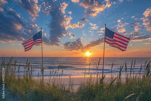 American flags on the beach at sunset, commemorating memorial day 