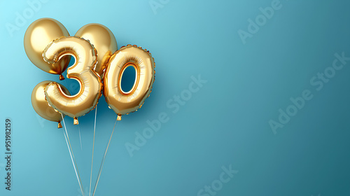 Banner with number 30 golden balloon with copy space. thirty years anniversary celebration concept on a blue background