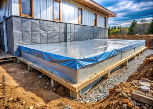 a photo image of a residential foundation with a radon barrier system implemented beneath the floor slab with a plastic sheet.