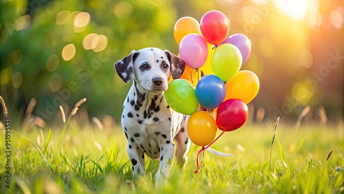 dalmatian puppy covered in black and white spots and little dots playing with a bundle of colorful balloons on a sunny meadow