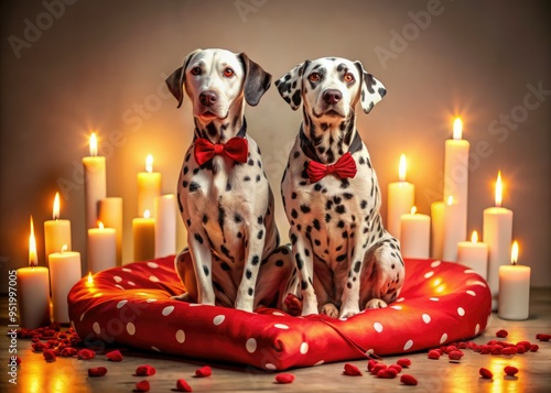 romantic dalmatian couple with matching dot collars sitting on a heart-shaped cushion surrounded by candles and rose petals