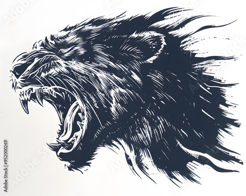 Banshee full aggressive expression black and white illustration