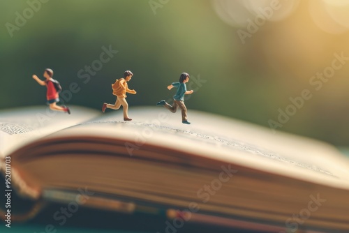 Miniature figures of children running on the pages of an open book, symbolizing the joy of imagination and adventure through reading.