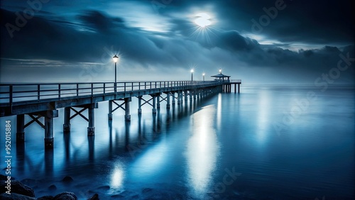 Eerie Dark Blue Ocean Abandoned Pier Creepy Atmosphere Foggy Night Foreboding Moody High Contrast Black and White Photography