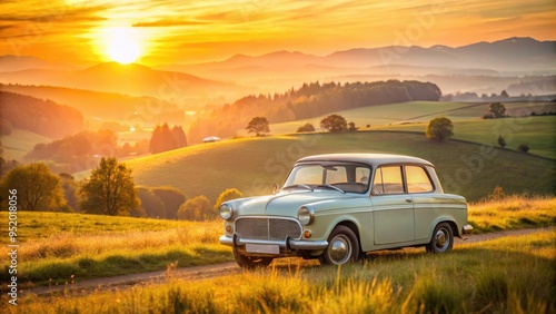 golden hour warm soft light trabant 601 vintage car rural countryside rolling hills scenic peaceful idyllic serene nostalgic rustic pastel colors happy memories