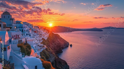 Santorini Sunset Greek Island Village with Dramatic Sky and Sea