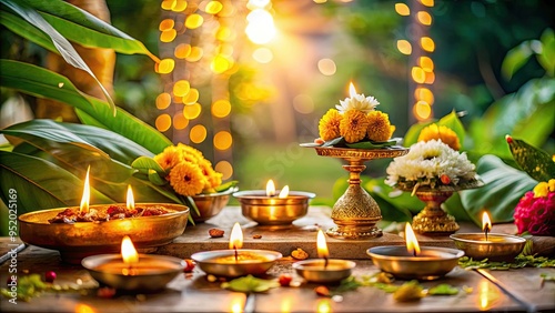 ethereal morning puja rituals with soft golden light and delicate diyas amidst lush greenery