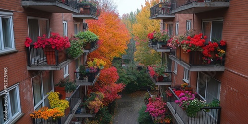 Beautiful view of a residential building courtyard abundantly adorned with vibrant and colorful flowers in full bloom during autumn