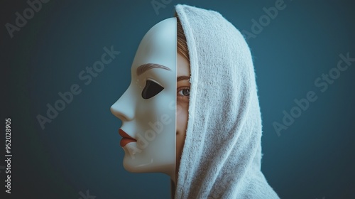 A person in a hooded garment wearing a half mask, symbolizing the duality and complexity of self-identity.