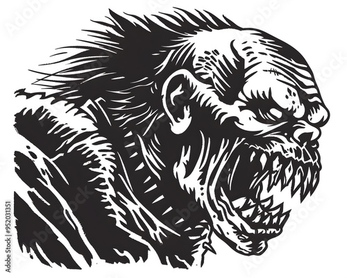 Ghoul full aggressive expression black and white illustration