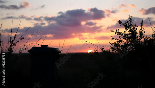 A trash can, with trees and sunlight in the background, sunset