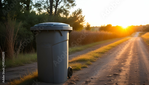 A gray trash can on a dirt path in a rural setting, with trees and sunlight in the background