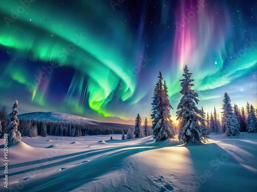 breathtaking misty aurora snowscape misty fog northern lights capturing magical atmosphere vivid colors sweeping curves panoramic view