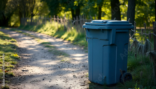 A gray trash can on a dirt path in a rural setting, with trees and sunlight in the background