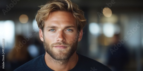 A close-up of a young man with blond hair and a beard, slightly smiling and looking directly into the camera, with a blurred background indoors