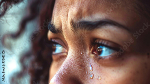 A close-up shot of a personâs face, showing a single tear and a soft smile, representing bittersweet emotions.