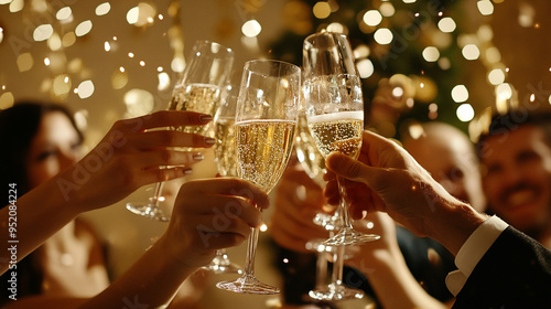 The cheerful image of people toasting with champagne on New Year’s Eve is popular for celebration themes