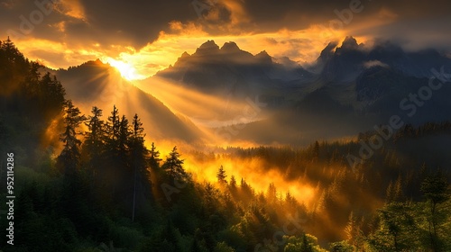 Breathtaking Mountain Landscape with Glowing Sunset Sky and Misty Evergreen Forests