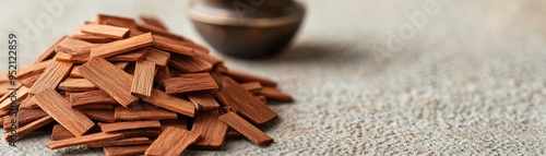 A close-up of sandalwood chips arranged artfully on a textured surface