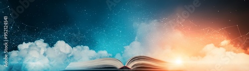 An open book surrounded by a dreamy, colorful background of clouds and cosmic light, symbolizing knowledge and imagination.