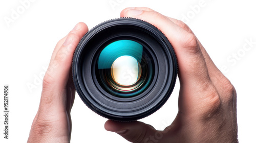 Close-up view of hands holding a camera lens with reflections, isolated on white background, showcasing photography equipment.