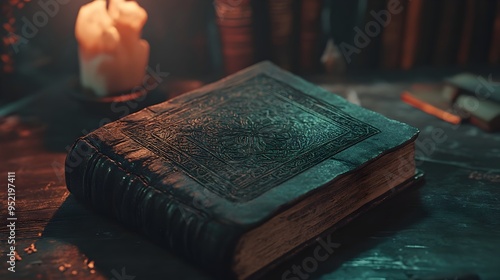 Mysterious Ancient Occult Spellbook or Tome with Ornate Leather Binding and Mystical Symbols on Dark Background