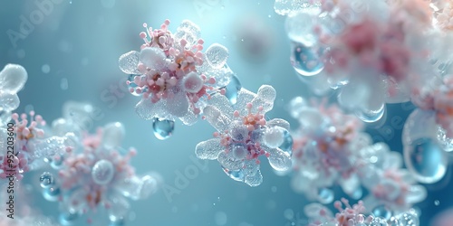 A soft and serene scene with a light blue background, featuring the molecular structure of nicotinamide mononucleotide (NMN) artistically rendered with various stylized letters